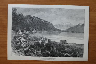 Holzstich Der Winterkurort Montreux am Genfersee 1887 nach fotografischer Aufnahme von A Garcin in Genf Kunst Künstler
